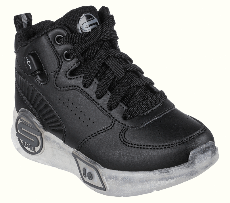 Skechers Kids S Lights Remix Black Light Up Street Boot has black laces, shiny accents, breathable details, and a light-up sole.  ksnz