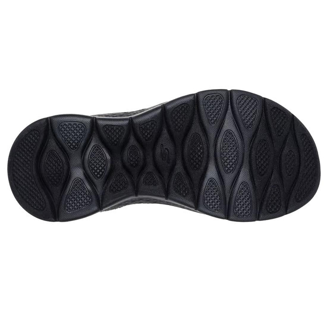 Black textured sole with geometric oval and triangular patterns for grip and traction—ideal for the Skechers Womens Slip Ins Sandals Go Walk Flex Belle Black., 48126, 48127, 198376904326, 48129, 198376904333, 48131, 198376904340, 48133, 198376904357, 4813