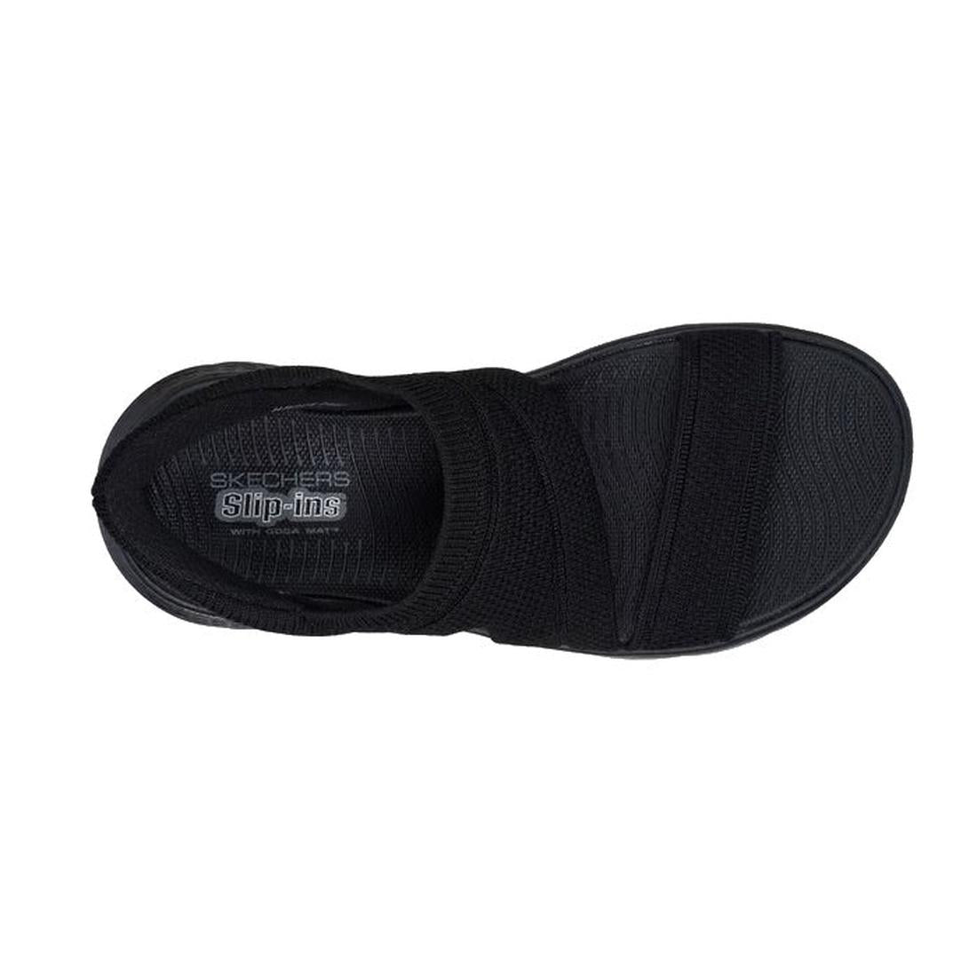 Black slip-in sandal top down view with 'Skechers' branding on a white background. Shows the backstrap, stop over the toe and strap over the top of the foot.,
197627456614,
197627456621,
197627456638,
197627456645,
197627456652,, 46136, 46137, 19762745661