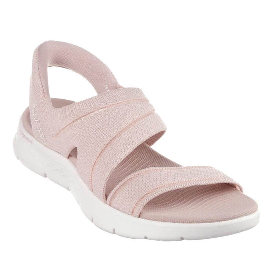 The Skechers Womens Slip Ins Sandals Go Walk Flex Enticing in blush pink feature three fabric straps, a back strap, a thick white sole, open toe design, Goga Mat cushioned footbed, and Hands Free Slip-ins convenience.