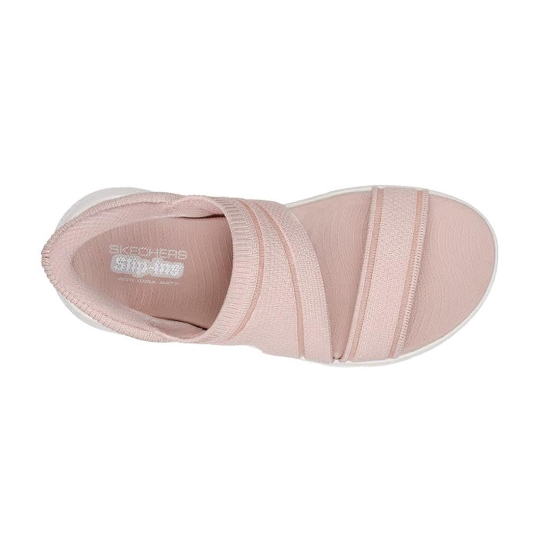 Top view of Skechers Womens Slip Ins Sandals Go Walk Flex Enticing in blush pink, featuring two wide elastic straps, open toe, white sole, a comfortable Goga Mat footbed, and the Skechers logo on the insole., 48116, 197976259829, 197976259836, 19797625984