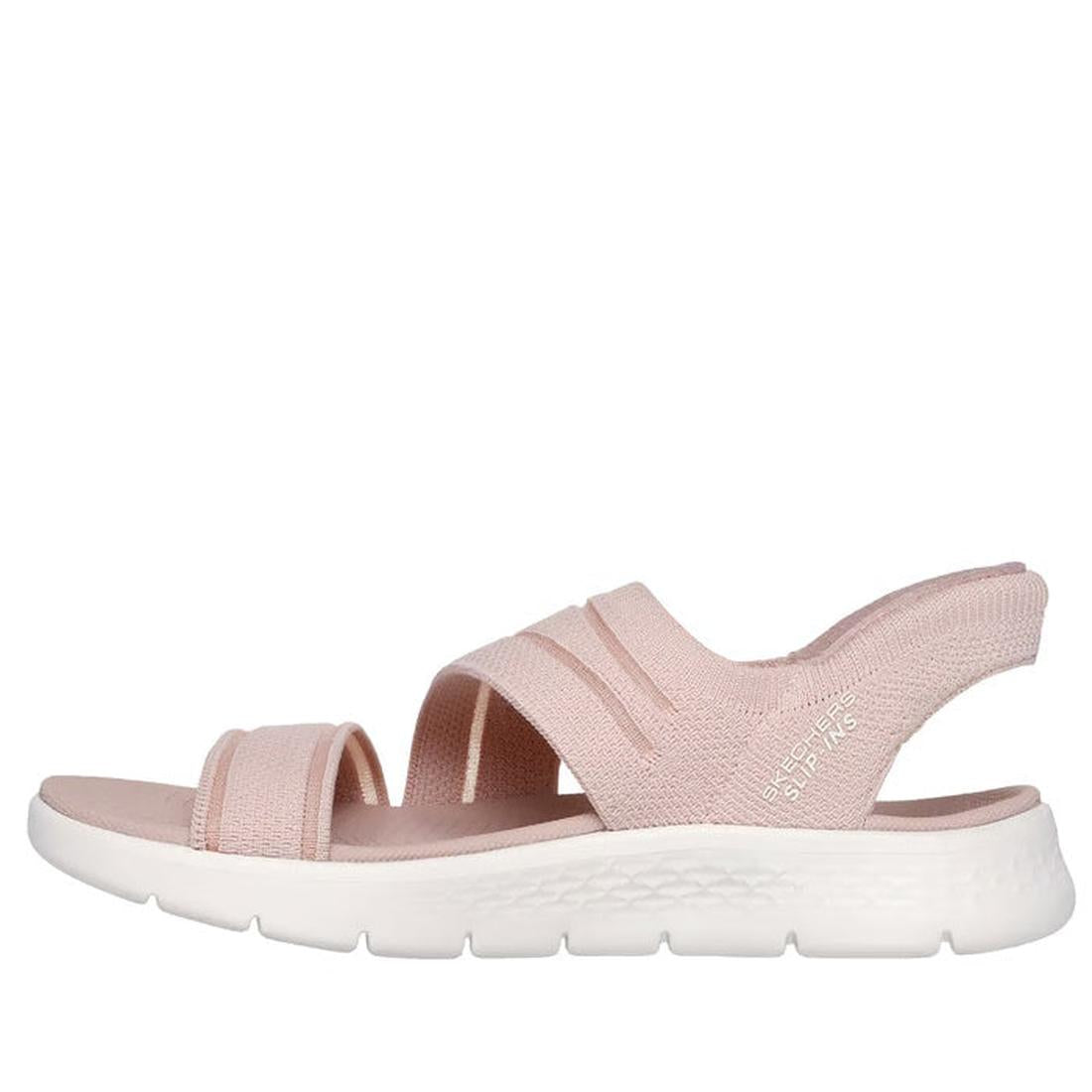 The Skechers Womens Slip Ins Sandals Go Walk Flex Enticing in blush pink feature elastic fabric straps, open-toe and slingback design, a thick white textured sole, Goga Mat footbed for comfort, and a slightly raised heel., 48116, 197976259829, 19797625983