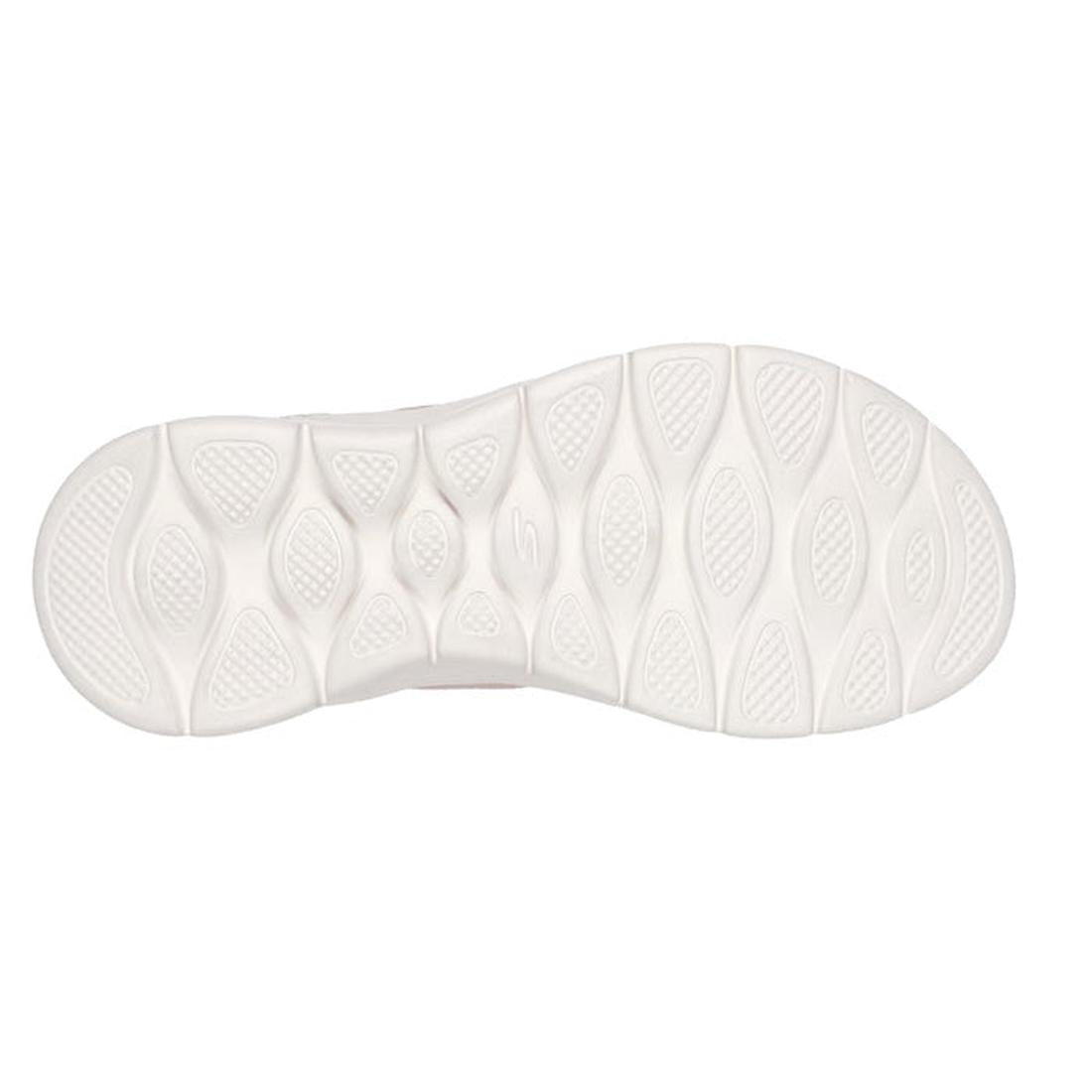 The image shows the white grooved sole of Skechers Womens Slip Ins Sandals Go Walk Flex Enticing in blush pink, featuring an oval and wavy textured pattern for enhanced grip and traction., 48116, 197976259829, 197976259836, 197976259843, 48123, 1979762598