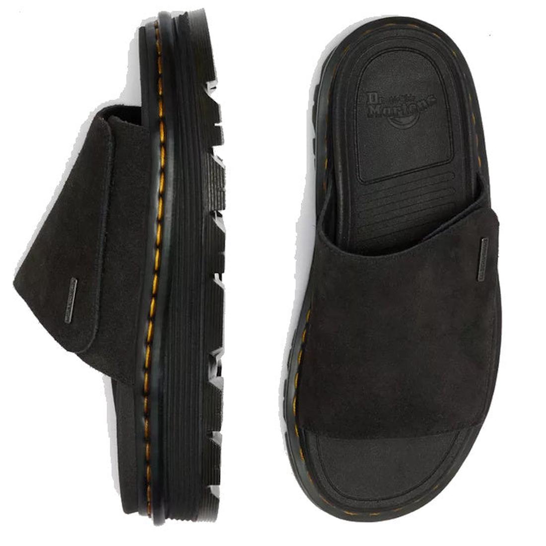 The Dr Martens Zebzag Black EH Suede Slide Sandal features thick, rugged air-cushioned soles with visible yellow stitching and black EH Suede uppers, shown from side and top views., 190665790689, 190665790696, 190665790702, 190665790726, 190665790733, 521