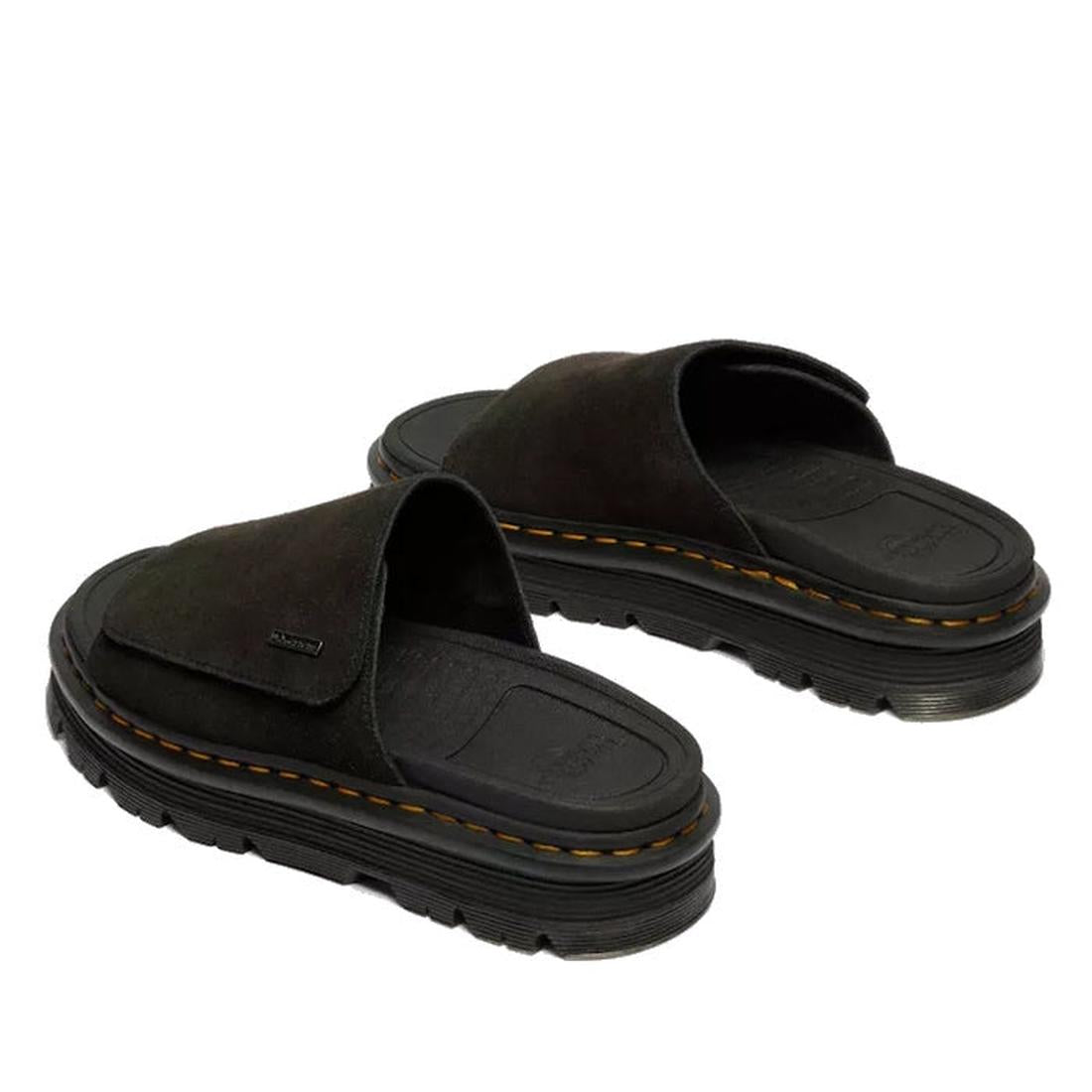 The Dr Martens Zebzag Black EH Suede Slide Sandal features thick, rugged soles, slip-on design, visible edge stitching, EH Suede uppers, and a slightly raised back heel for added comfort., 190665790689, 190665790696, 190665790702, 190665790726, 1906657907