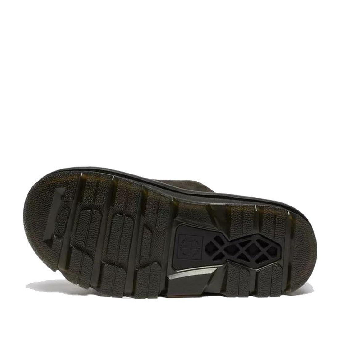 The image shows the black rubber sole of the Dr Martens Zebzag Black EH Suede Slide Sandal. It features a rugged tread with deep grooves, a textured surface, and a rectangular geometric design near the center on a plain white background., 190665790689, 19
