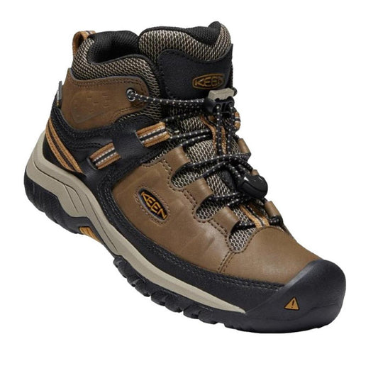 Keen Youths Targhee Mid Boot Waterproof in Dark Earth Brown—sturdy sole, breathable mesh, and easy laces for active kids’ adventures.  ksnz
