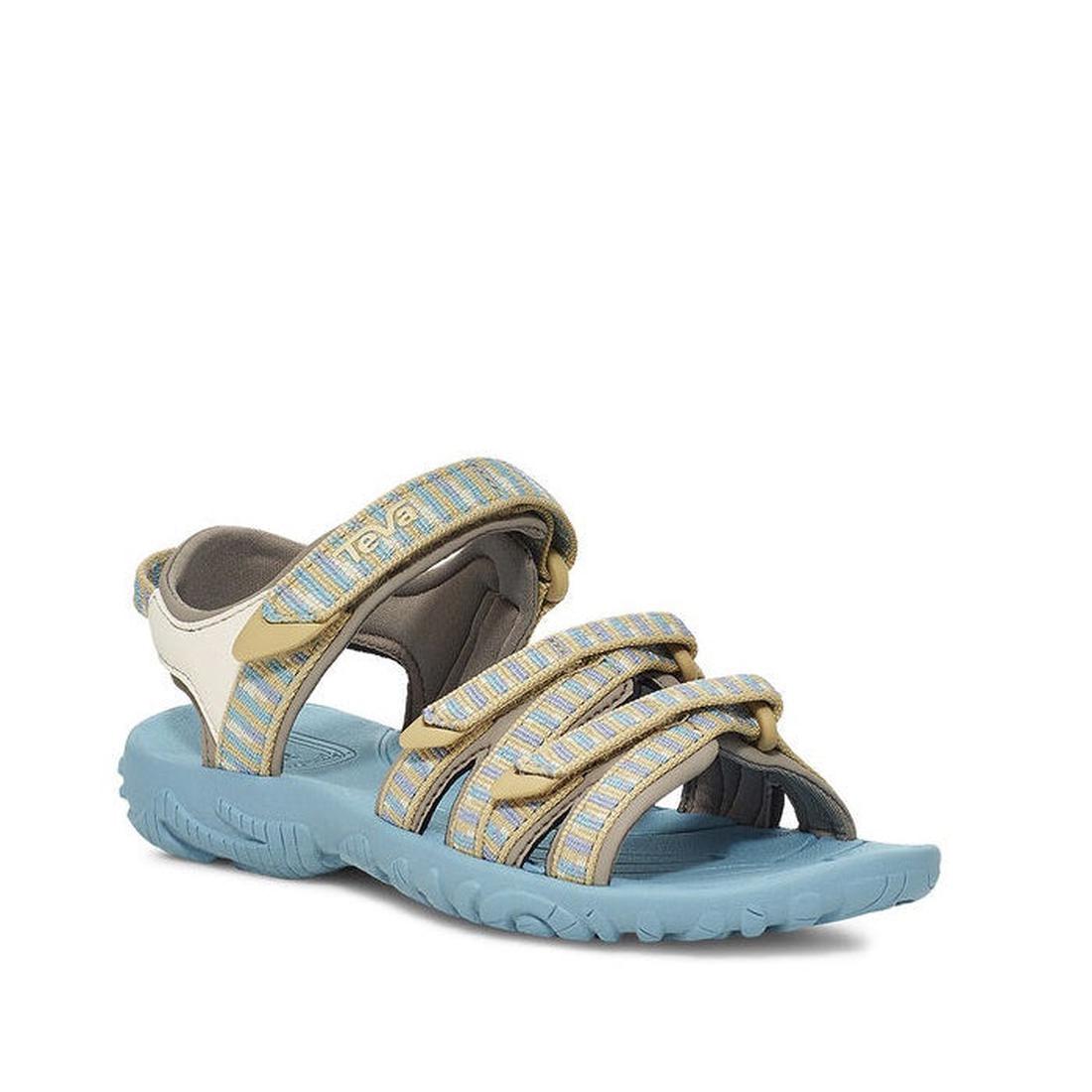The Teva Girls Active Sandal K Tirra STACKS COCOON features a light blue rugged sole, quick-dry webbing straps in blue, yellow, and beige, Velcro closure, and open toe—ideal vegan footwear for day hikes. Displayed on a plain white background.