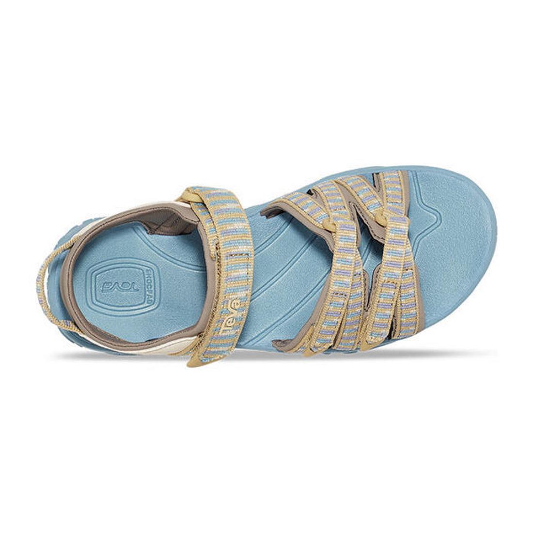 The Teva Girls Active Sandal K Tirra STACKS COCOON features light blue, beige, and blue striped adjustable straps, a closed heel, open toe, cushioned sole, quick-dry webbing—perfect vegan footwear for day hikes., 195719341305, 195719341350, 195719341329, 