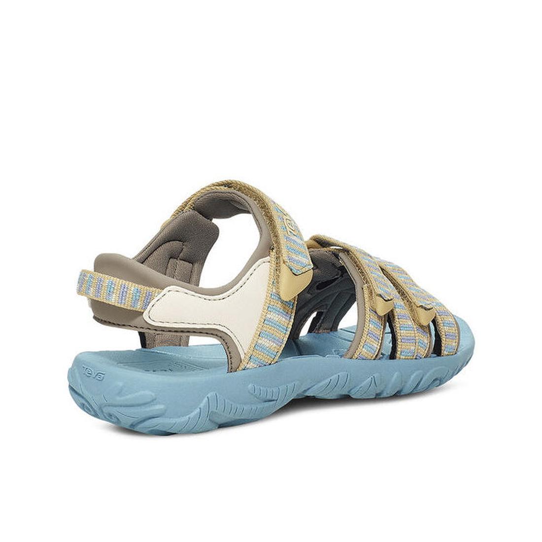 The Teva Girls Active Sandal K Tirra STACKS COCOON features blue-striped quick-dry webbing straps, a blue textured sole, and beige and white accents—seen from the back and side against a white background; perfect for day hikes., 195719341305, 195719341350