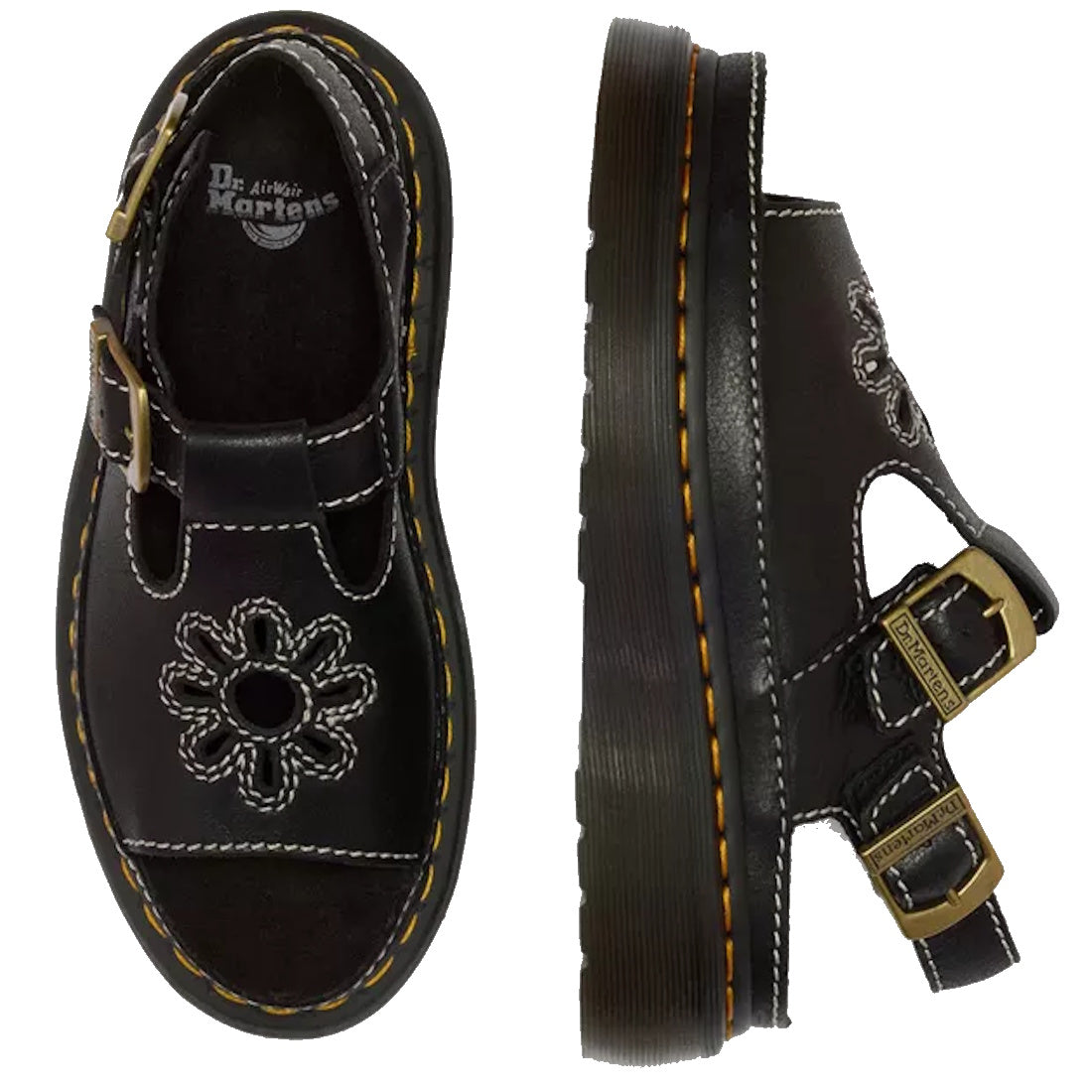 A pair of Dr Martens Dunnet Flower Sandal Black Quad Platform with a 90s-inspired design, platform sole, white stitching, double metal buckles, and floral cutout toe; one sandal shown from the top, the other from the side., 190665809190, 190665809206, 190