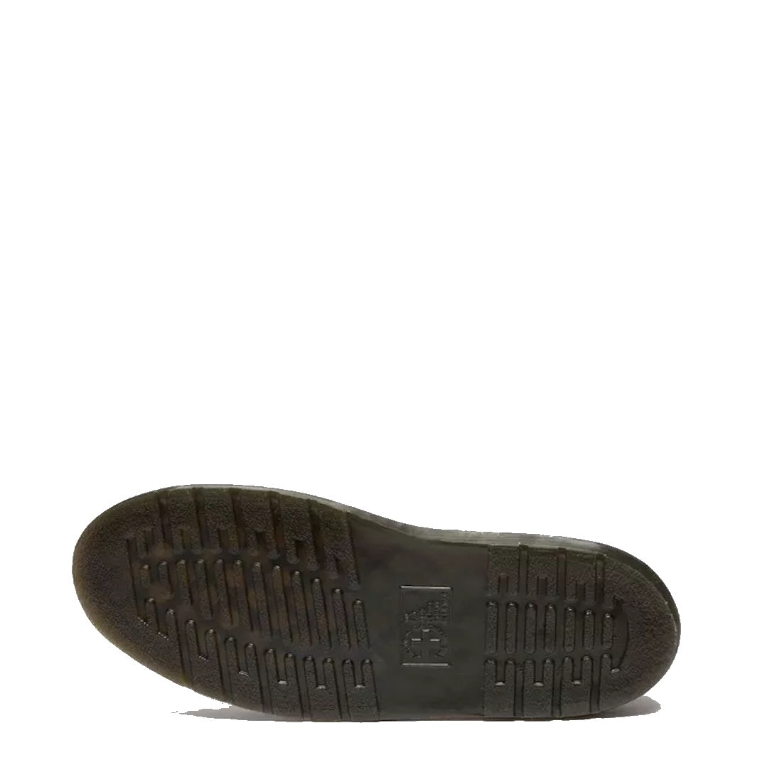 The image shows the bottom view of the Dr Martens Dunnet Flower Sandal Black Quad Platform, highlighting its black sole with a textured tread and rectangular grooves, set against a plain white background., 190665809190, 190665809206, 190665809213, 1906658