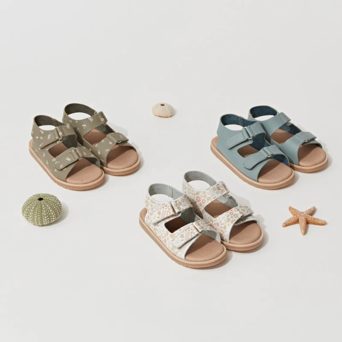 A pair of Pretty Brave Wilder Reef Green Kids Sandals (sizes 29-31, not returnable) with adjustable velcro straps is displayed on a white background, surrounded by sea urchin shells and a starfish., 9421036359503, 9421036359510, 9421036359527, 25284, 2528