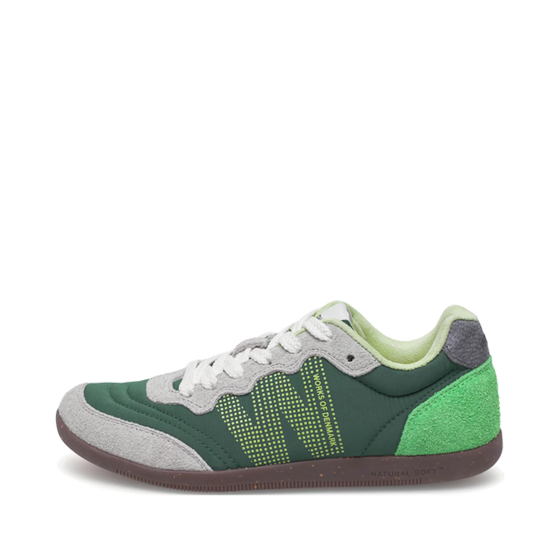 The Woden Nanna Apple Green Multi Lace Up Sneaker features a green and gray ultralight design with brown sole, white laces, lime green details, a dotted N logo, and suede accents—shown on a white background for a sleek, travel-friendly look.