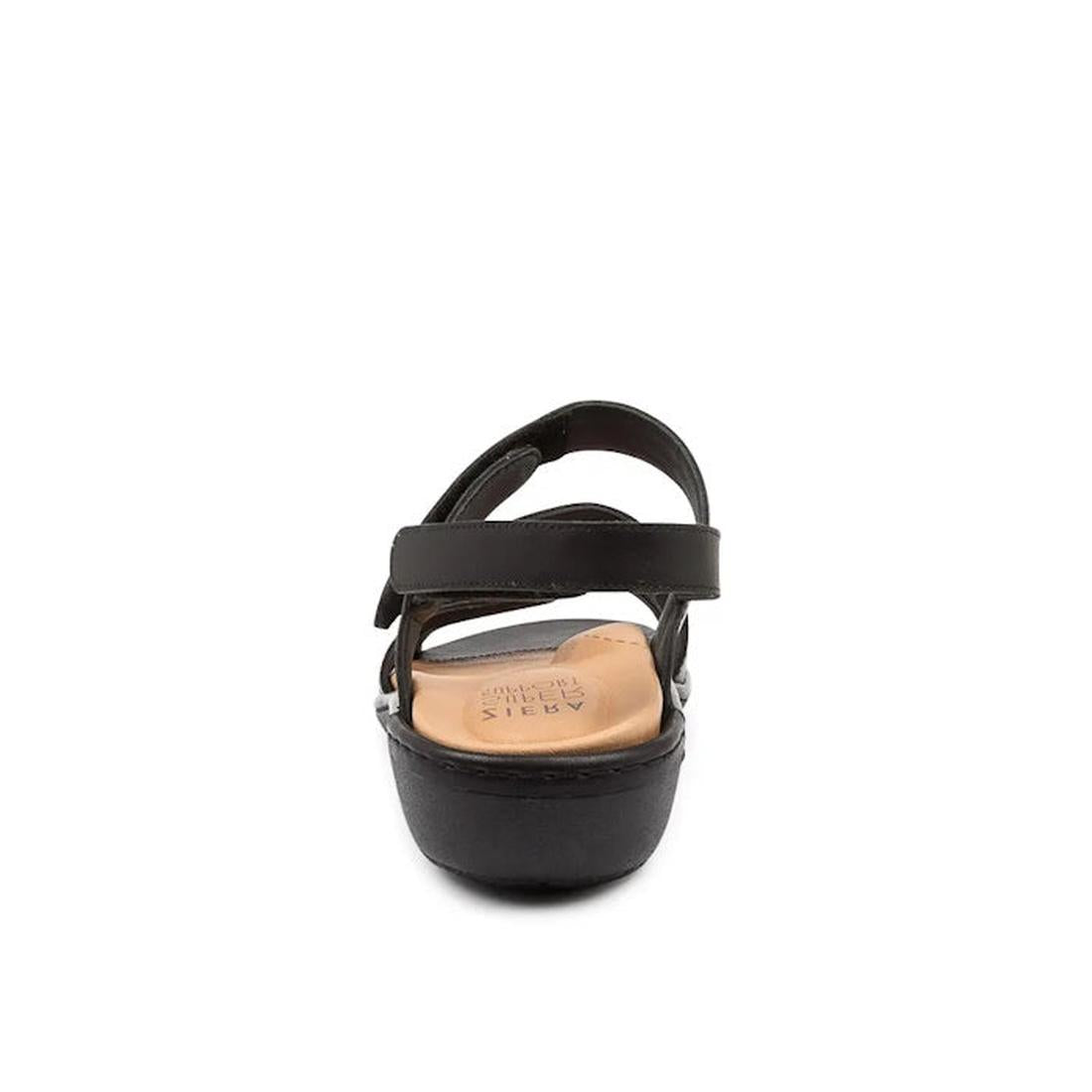 The Ziera Beaux W Wide Women’s Black Leather Sandal features an open toe and back strap, shown from the rear to highlight its tan insole and slightly elevated sole, all set against a plain white background., 48828, 48829, 4434722405885, 4434722405892, 443