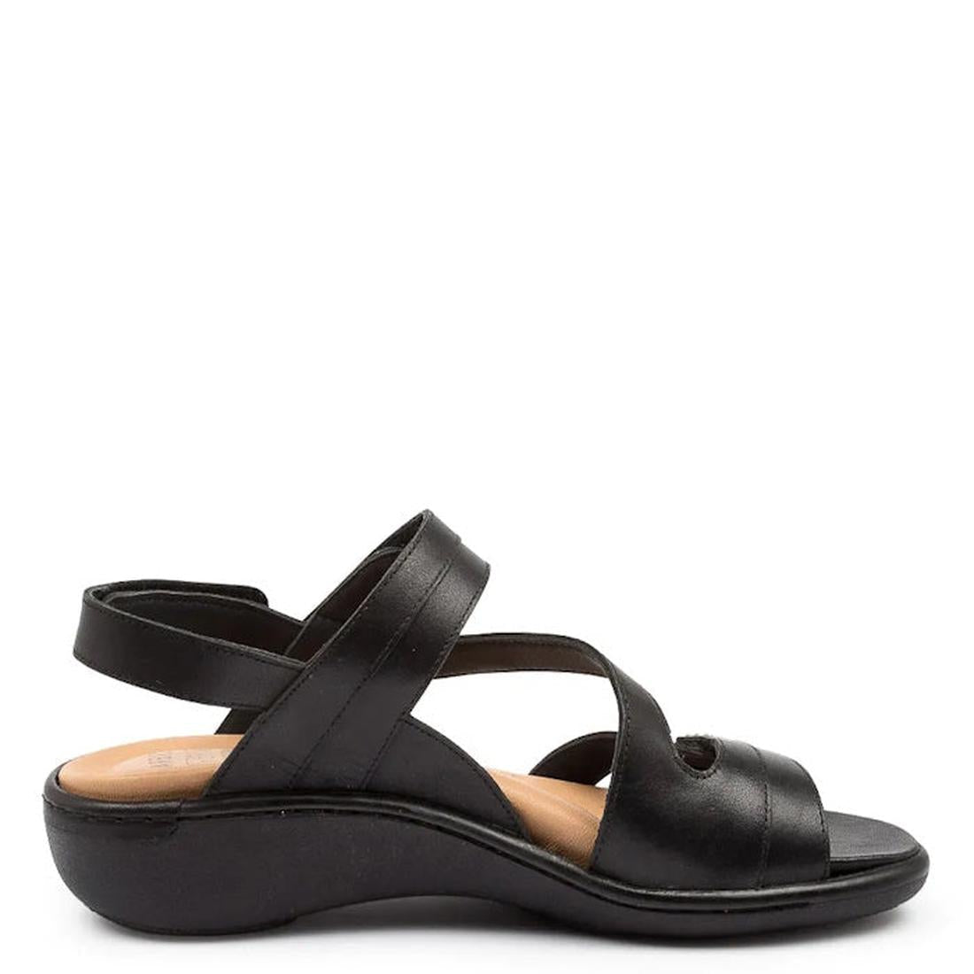 The Ziera Beaux W Wide women's black leather sandal features a low wedge heel, high arch support, crisscross and ankle straps, open toe design, and is shown on a white background., 48828, 48829, 4434722405885, 4434722405892, 4434722405908, 4434722405915, 