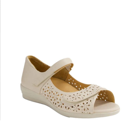 Ziera Daffodil W Women's Almond Off White Leather Sandals feature a low wedge heel, cutout floral design, and two adjustable Velcro straps—ideal comfortable summer shoes with excellent support.