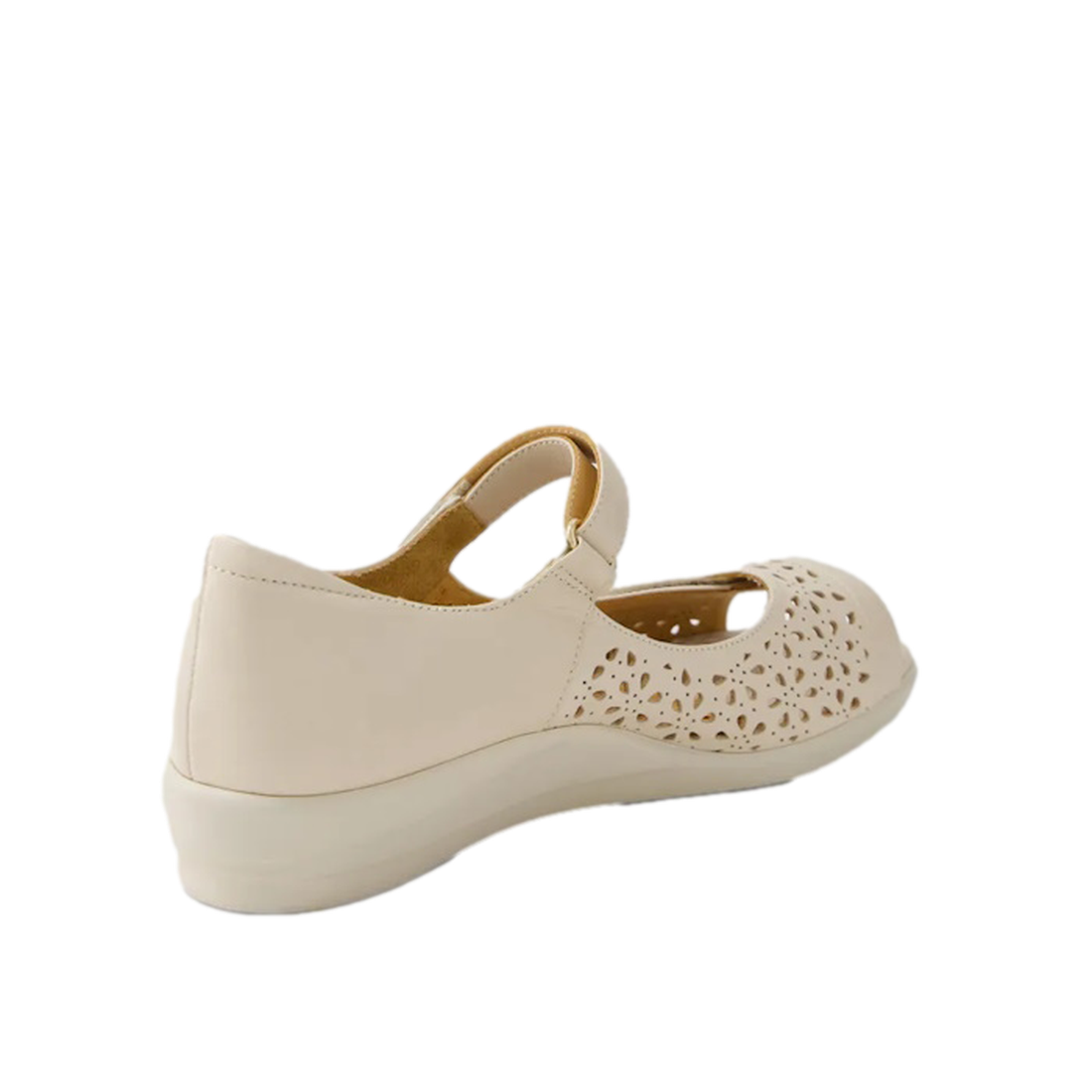 The Ziera Daffodil W Women's Almond Off White Leather Sandal Shoe features a low heel, perforated floral toe, and ankle strap—shown angled on a white background, it's perfect for comfortable summer style., 49093, 49094, 9351017754167, 9351017754174, 93510