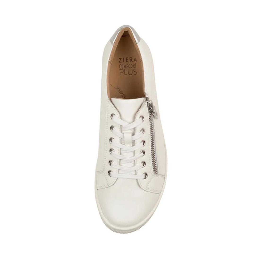 The Ziera Diann White Silver Leather Zip Women’s Casual Sneaker features a side zipper, tan insole branded with Ziera Comfort Plus for arch support, an extra wide fit, and a simple, clean white leather design for all-day comfort., 52202, 52203, 9355342579