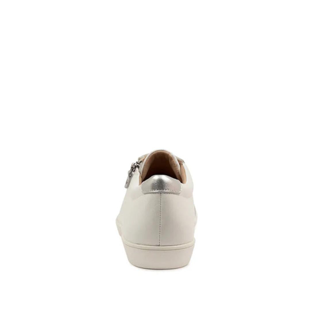The Ziera Diann White Silver Leather Zip Womens Casual Sneaker, shown from the back on a plain white background, features a metallic silver heel accent, side zipper detail, extra wide fit, and subtle arch support., 52202, 52203, 9355342579099, 93553425791