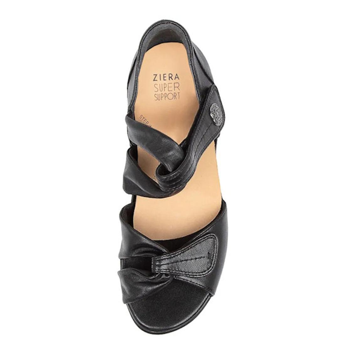 Top view of Ziera Doxie W Wide Women's Black Leather Sandal featuring two twisted straps and a cushioned tan insole labeled Ziera Super Support for high arch support., 48826, 48827, 9355342058310, 9355342058334, 9355342058358, 9355342058372, 48825