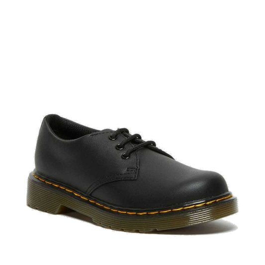Dr Martens Kids 1461 J Black School Shoe—durable, black lace-up with signature yellow stitching and sturdy translucent sole.  ksnz
