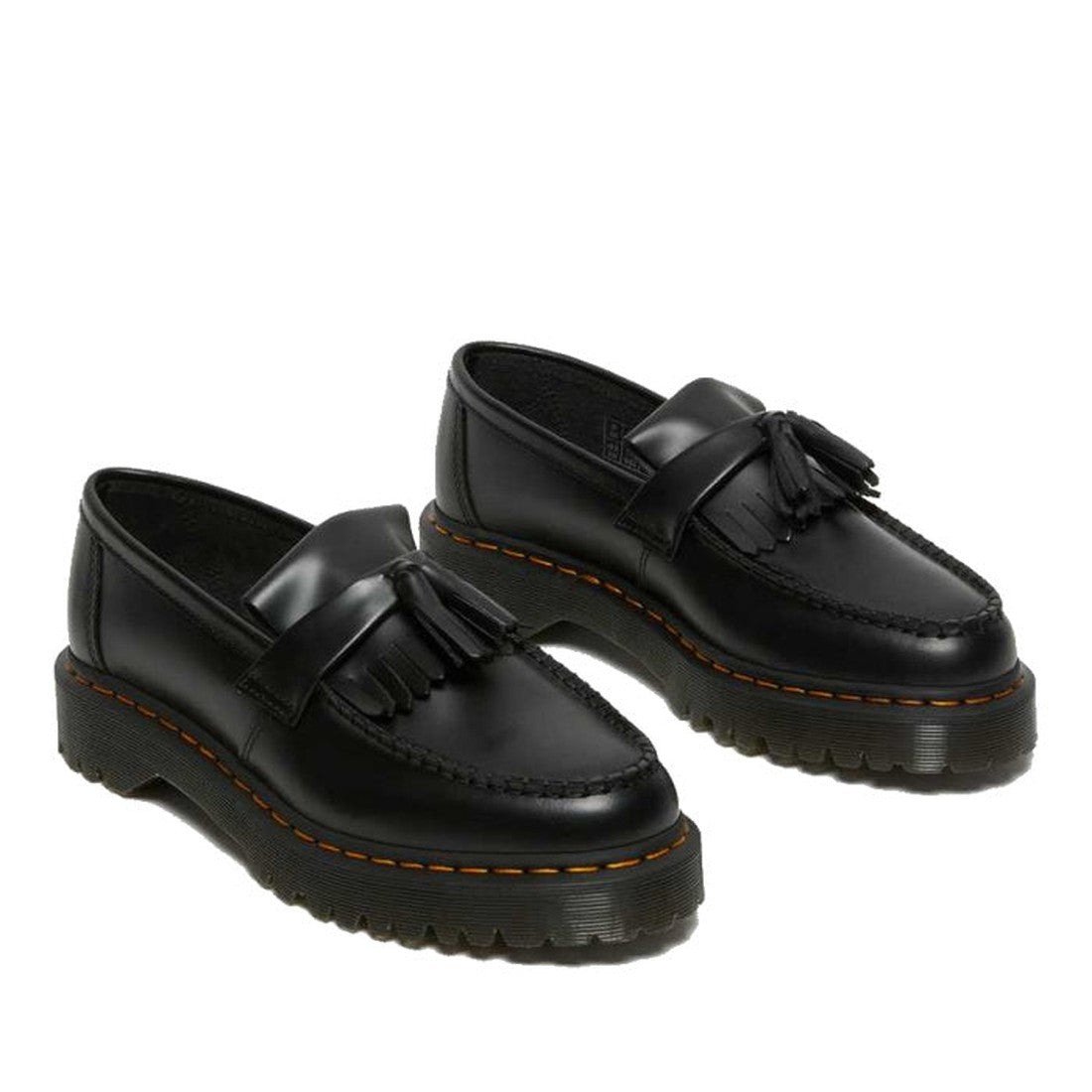 The Dr Martens Adrian Bex Black Smooth Platform Loafer Shoes feature chunky soles, decorative tassels, Goodyear-welted construction, and signature yellow stitching. Now on CLEARANCE., 183681, 190665420241, 190665420166, 190665420173, 190665420180, 1906654