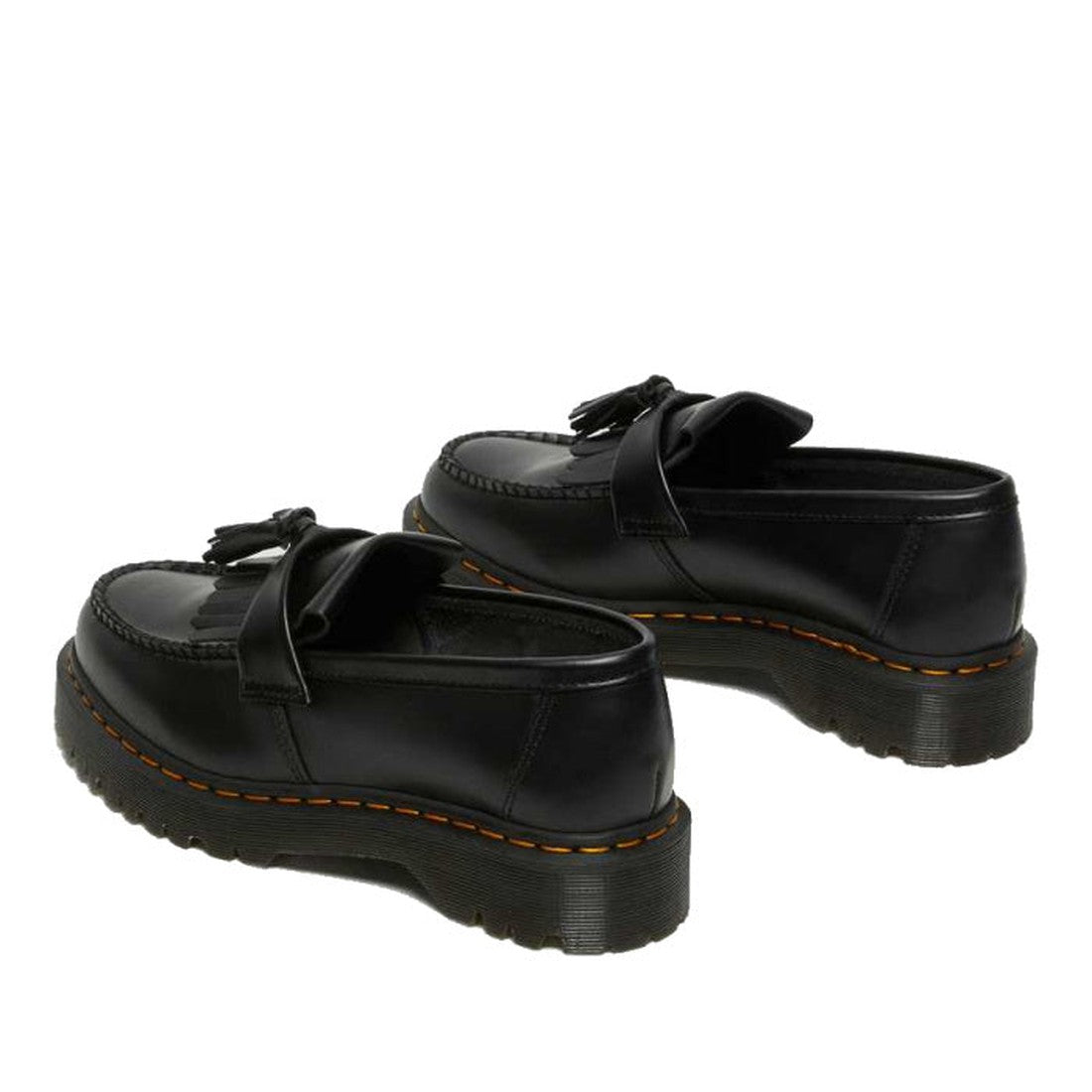 A pair of Dr Martens Adrian Bex Black Smooth Platform Loafer Shoes with tassels, thick grooved soles, and yellow Goodyear-welt stitching, shown from the back and side on a white background., 183681, 190665420241, 190665420166, 190665420173, 190665420180, 