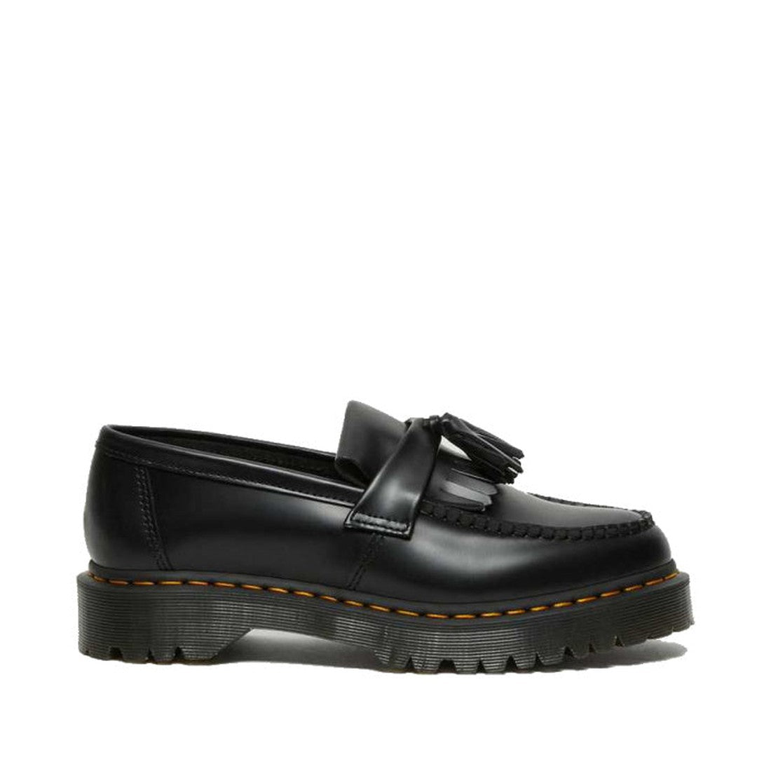 The Dr Martens Adrian Bex Black Smooth Platform Loafer Shoes feature a chunky ridged sole, yellow stitching on a Goodyear-welted base, and front tassels. Shown in profile on a plain white background., 183681, 190665420241, 190665420166, 190665420173, 1906