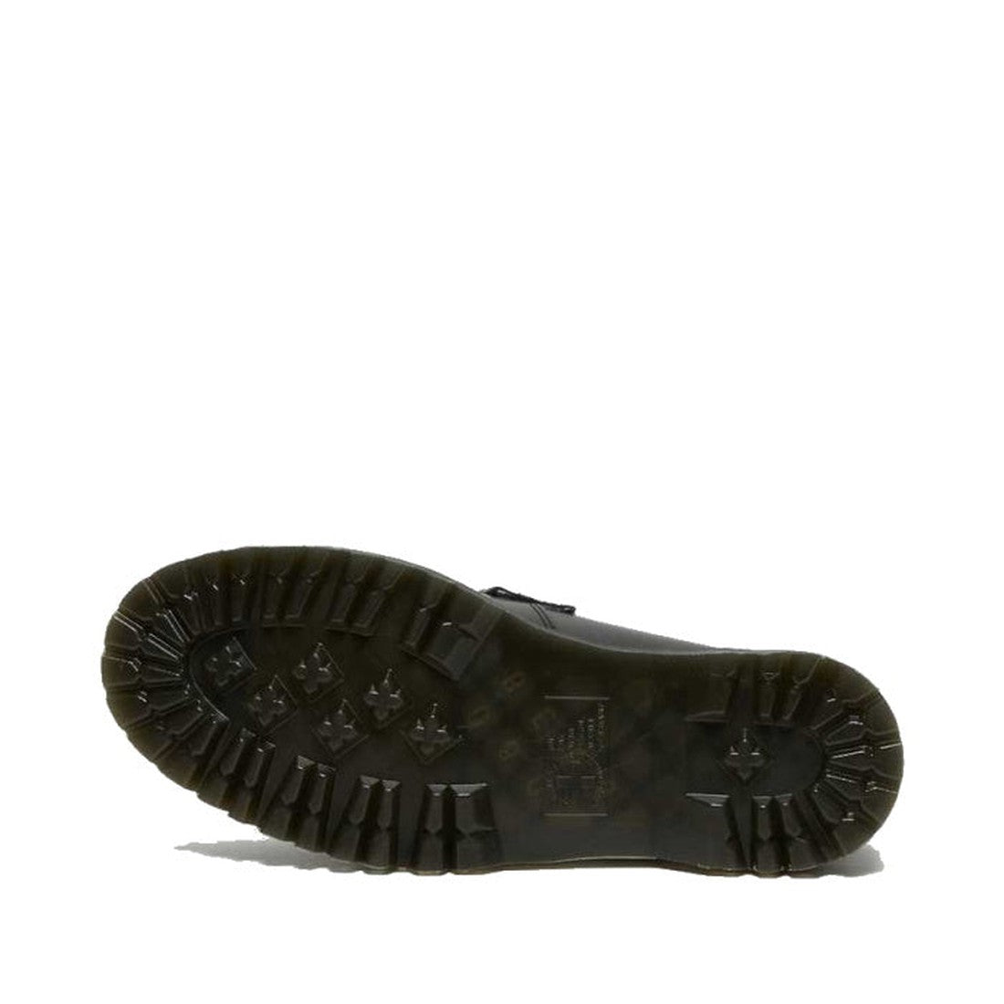 Dr Martens Adrian Bex Black Smooth Platform Loafer Shoes CLEARANCE shown from below, highlighting a rugged, patterned rubber sole with deep treads for traction and durable Goodyear-welted construction on a plain white background., 183681, 190665420241, 19