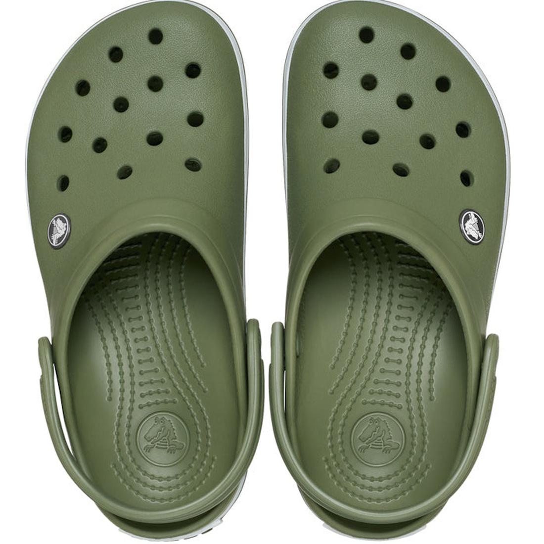 A pair of Crocs Crocband Clog Cargo Green Mens Womens, viewed from above, featuring ventilation holes, an adjustable heel strap, textured Croslite foam footbeds, and a small circular logo on the side., 49772, 198445338953, 198445338960, 198445338977, 1984