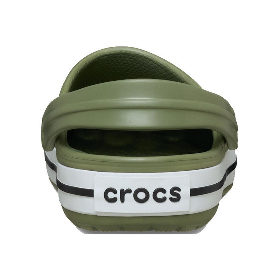 Rear view of the Crocs Crocband Clog Cargo Green Mens Womens, showing a white heel strap with black Crocs logo, two black stripes on the sole, and a cushioned Croslite foam footbed for comfort., 49772, 198445338953, 198445338960, 198445338977, 19844533898