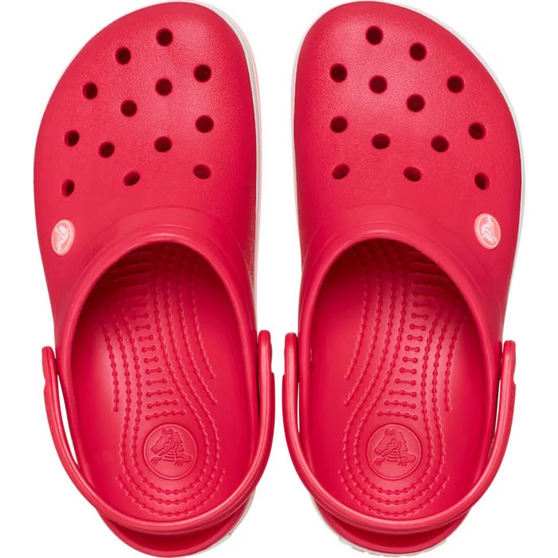 A pair of Crocs Crocband Clog Digital Raspberry Mens Womens slip-ons, featuring ventilation holes on top and adjustable back straps, viewed from above., 49806, 49807, 49808, 49809, 49810, 49811, 49812, 49813, 49814, 49815, 49806, 198445339158, 19844533916, 198445339165, 198445339172, 198445339189
