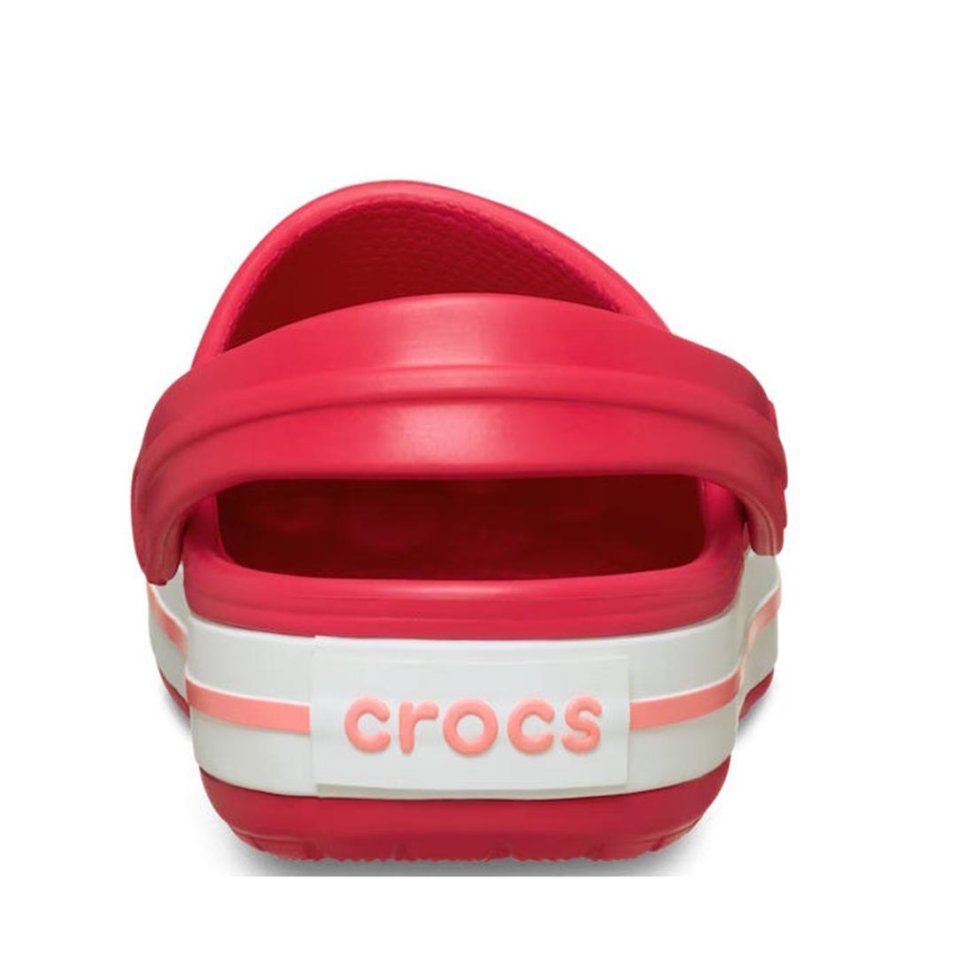 A rear view of a Crocs Crocband Clog Digital Raspberry Mens Womens sandal shows a back strap and raised "crocs" letters on the heel, featuring a sporty, casual design., 49806, 49807, 49808, 49809, 49810, 49811, 49812, 49813, 49814, 49815, 49806, 198445339, 198445339158, 198445339165, 198445339172, 198445339189