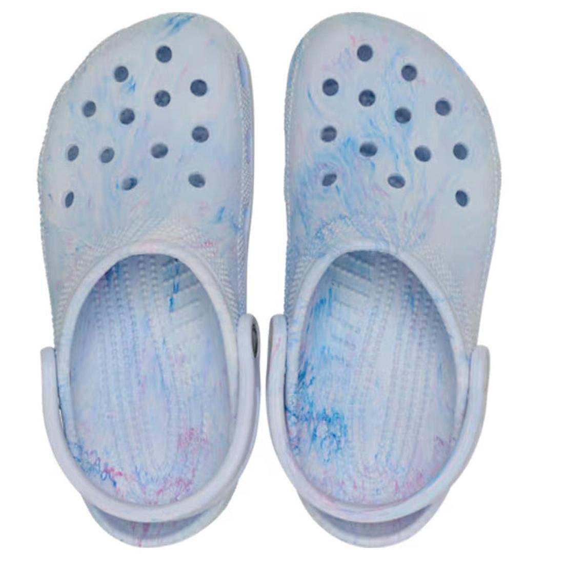  A pair of blue watercolour marbled  Crocs classic adults clogs with blue and pink marbled pattern on a white background.,
198445278969,
198445278976,
198445278983,
198445278990,
198445279003,
198445278891,, 46164, 46165, 198445278969, 198445278976, 19844