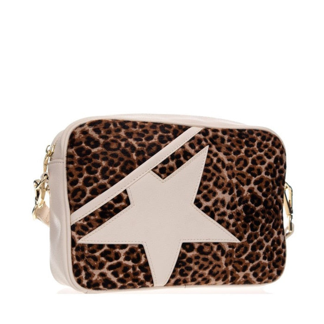 Alfie & Evie Stella Satchel Cross Body in Cheetah/Cream, beige strap, star detail, easy zipper closure, soft sole. On clearance!.  ksnz