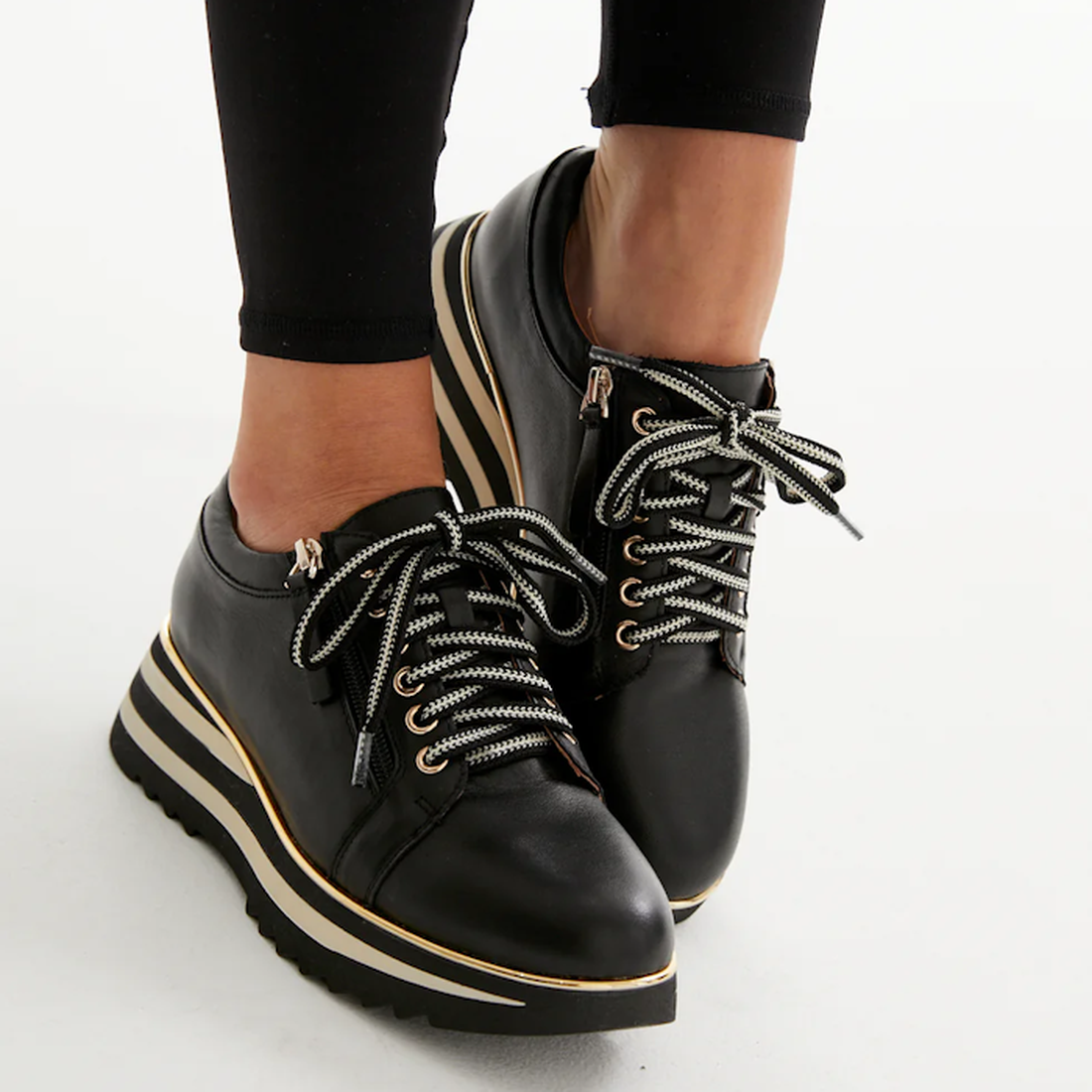 Alfie & Evie Hosting Womens Leather Shoe Platform Black Gold—comfortable loafers with striped soles and fun black-white laces.  ksnz, 9353738178758, 9353738178765, 9353738178772, 9353738178789, 9353738178796, 9353738178802, 9353738178819