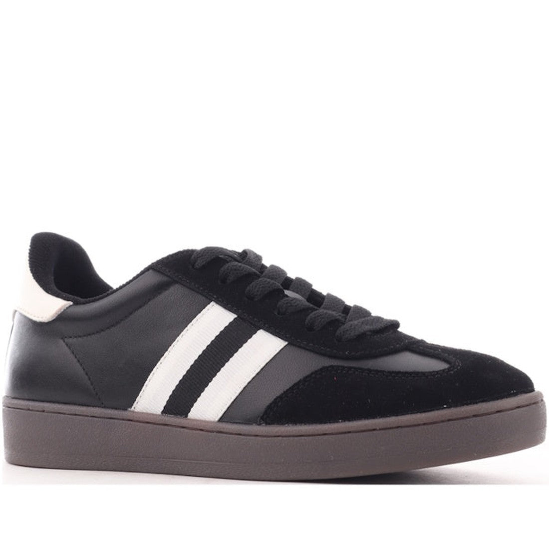 Alfie & Evie Attitude Suede Women's Sneaker in Black White, comfy lace-up style with dark sole, soft suede, and fun white stripes.  ksnz