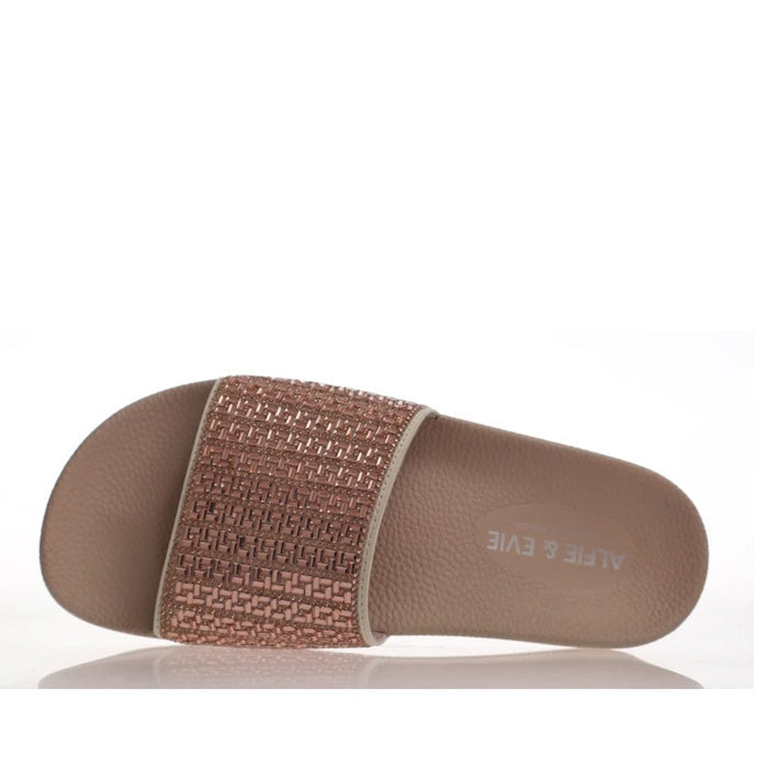 Alfie & Evie Billie Rose Gold Nude Slide—shimmery strap, sparkly diamantes, comfy tan sole with arch support. Easy slip-on style.  ksnz, 9353738140571, 9353738140588, 9353738140595, 9353738140601, 9353738140618, 9353738140625