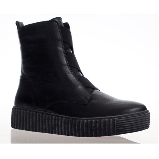 Alfie & Evie Womens Date Black Ankle Boot: comfy ribbed platform sole, easy crisscross elastic front, classic side view on white.  ksnz