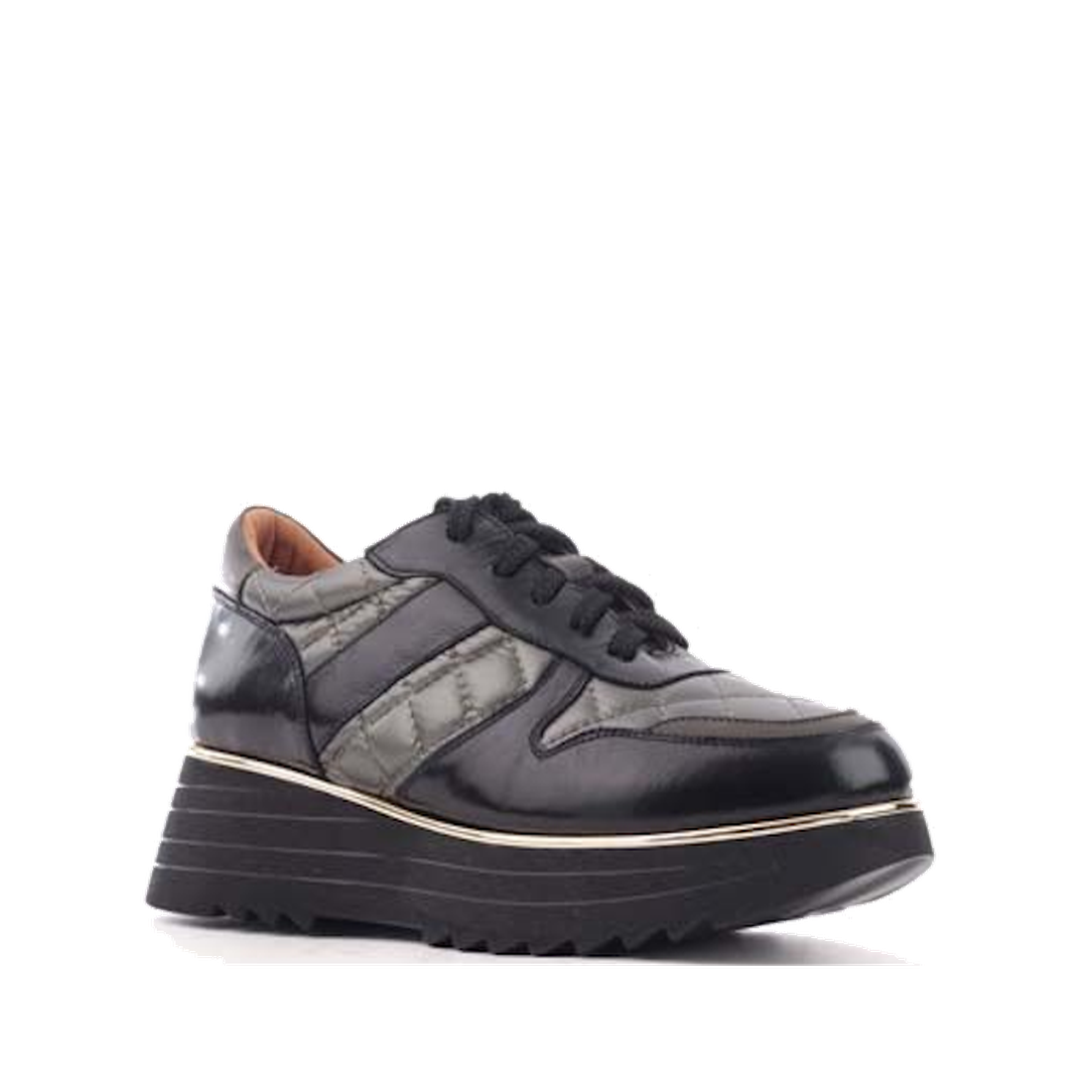 Alfie & Evie Helena black khaki women’s platform shoe with leather upper, quilted sides, secure black laces, and sturdy ridged sole.  ksnz