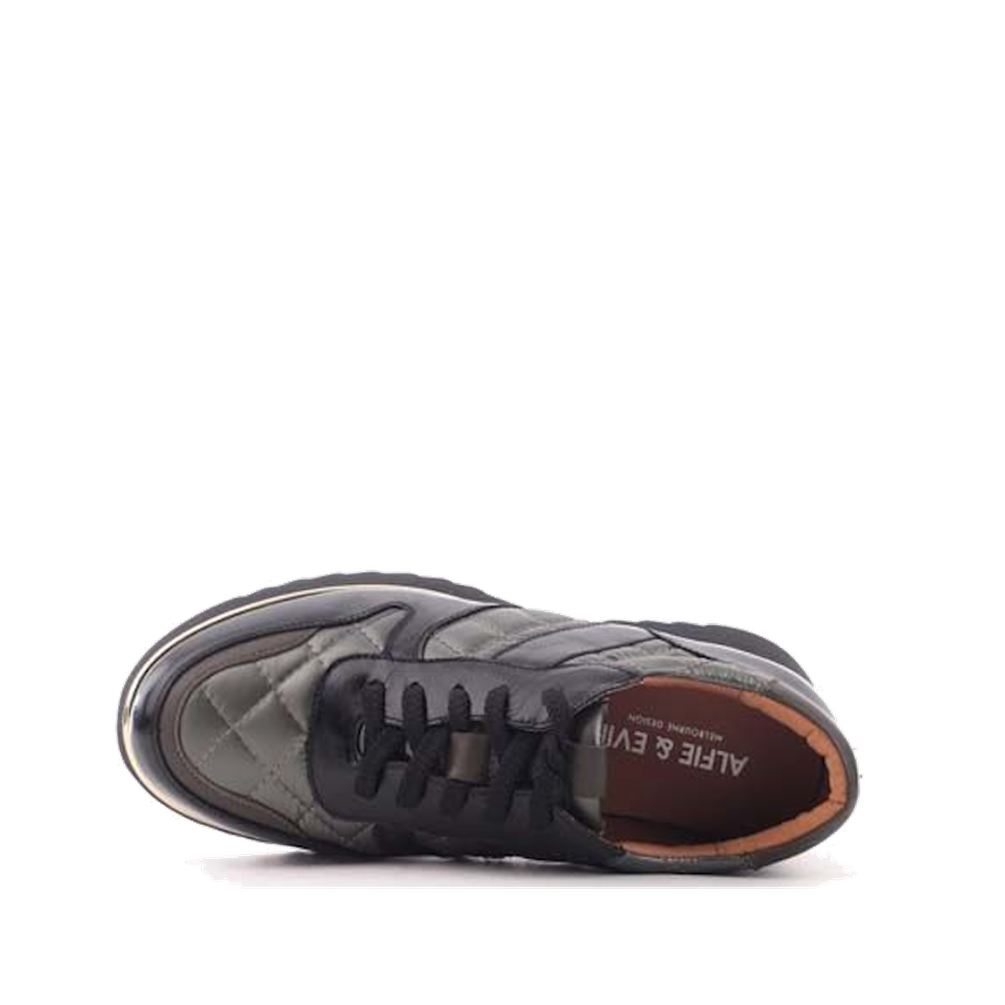 Alfie & Evie Helena Black Khaki women’s platform sneaker in cozy black leather, quilted toe, soft brown insole, lace closure on white.  ksnz, 43604, 43605, 43606, 43607, 43608, 43609, 43610