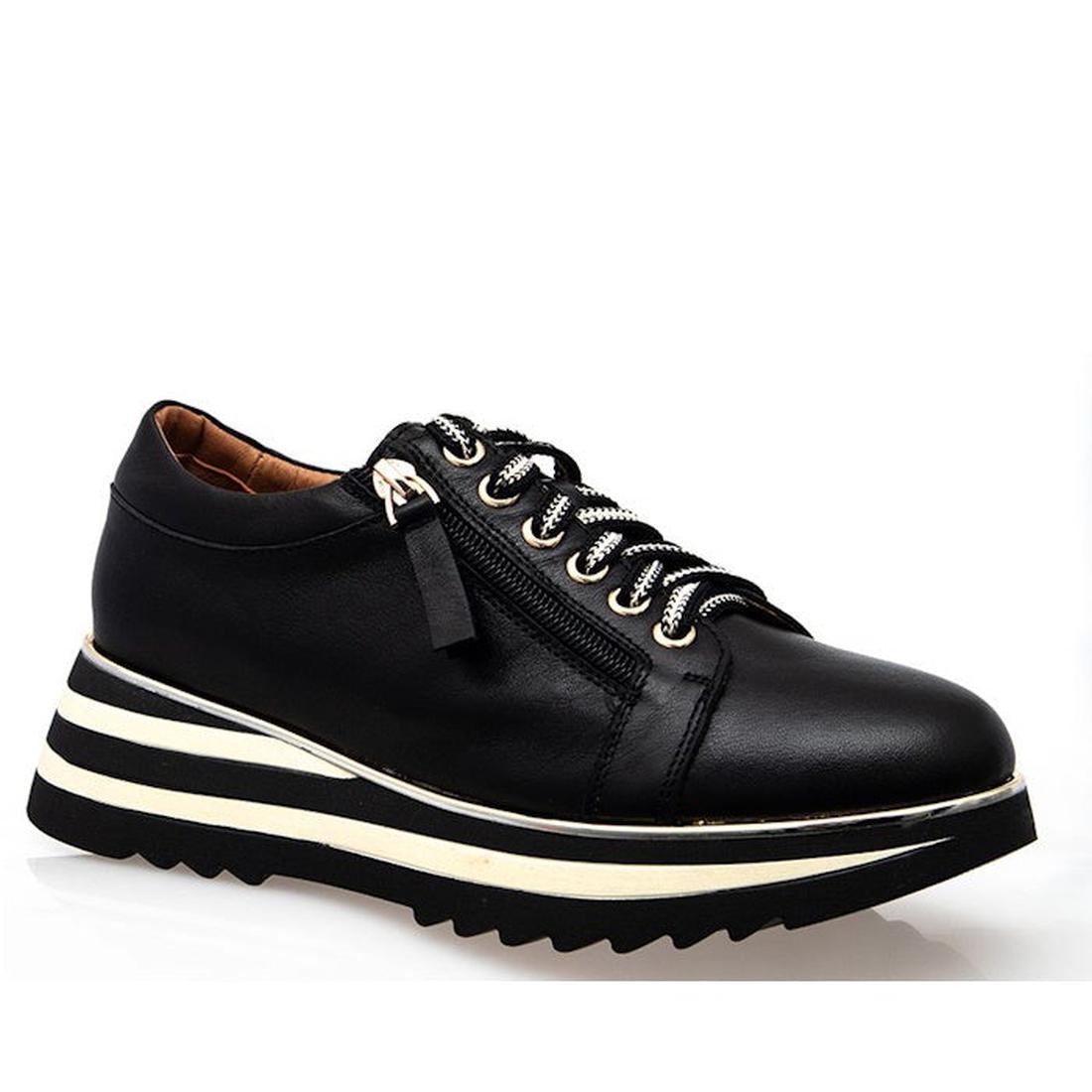 Alfie & Evie Hosting Women's Leather Shoe in black with gold touches, comfy striped sole, easy side zip, and secure laces.  ksnz