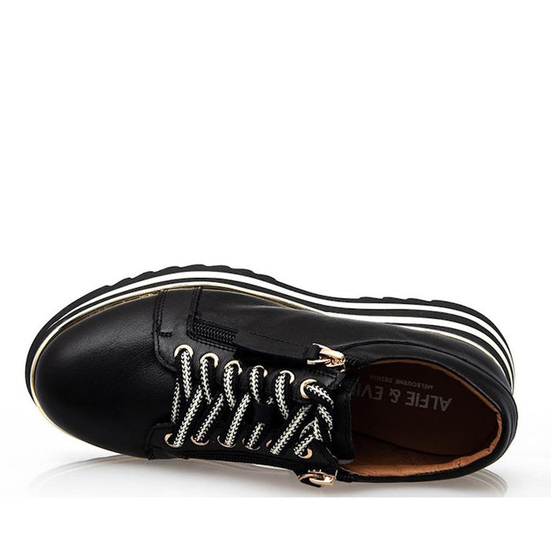 Alfie & Evie Hosting Women's Leather Shoe in black and gold, with sturdy striped sole, patterned laces, and side zipper for easy wear.  ksnz, 9353738178758, 9353738178765, 9353738178772, 9353738178789, 9353738178796, 9353738178802, 9353738178819