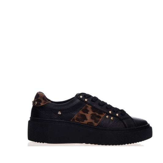 Alfie & Evie Kobe Black Platform Sneaker with cozy leather, fun cheetah spots, gold studs, comfy black sole, and easy black laces.  ksnz