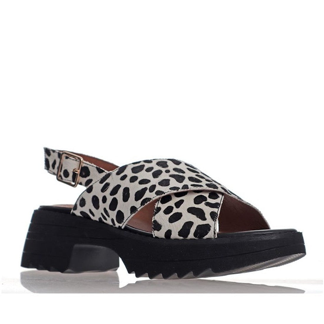 Alfie & Evie Lake Dalmatian Black Sandals with a sturdy platform sole, fun Dalmatian straps, and easy-to-fasten ankle buckle.  ksnz