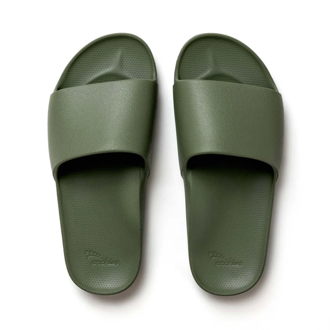 Archies Arch Support Slide Khaki—comfortable olive-green slides with soft, supportive soles and easy wide straps, logo detail visible.  ksnz