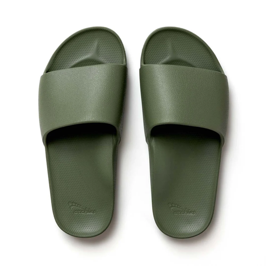 Archies Arch Support Slide Khaki—comfortable olive-green slides with soft, supportive soles and easy wide straps, logo detail visible.  ksnz