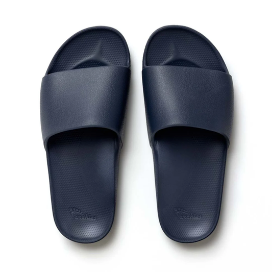 Archies Footwear Arch Support Slide Navy, comfy slides with textured soles and wide secure straps, in classic navy—perfect for busy families.  ksnz