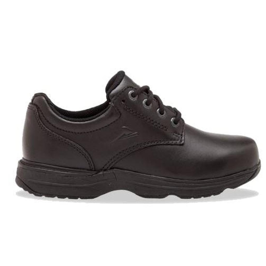 Black leather lace-up youth shoe with a thick sole and subtle side logo.